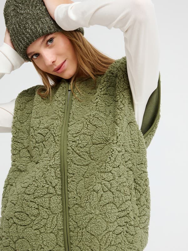 Best Town - Colete Sherpa com Zíper Verde Mulher