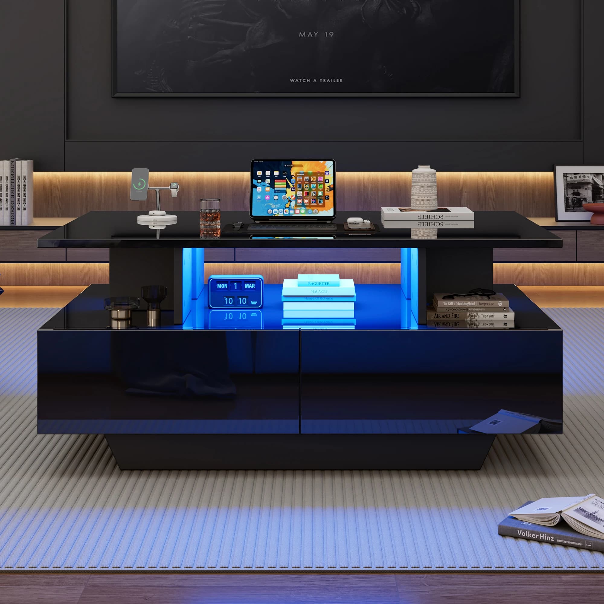 Mesa de Café LED Preta Brilhante com Luz que Muda de Cor e Grande Espaço de Armazenamento, Mesa Lateral Multifuncional para Sala de Estar