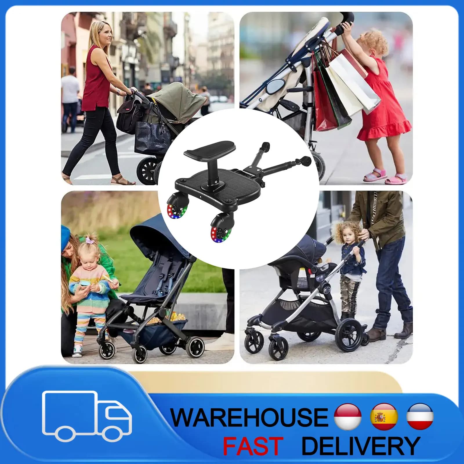 Plataforma Universal Ajustável para Carrinho de Bebê com Encosto Confortável e Assento Destacável, 360 °   Pedal Giratório Antiderrapante para