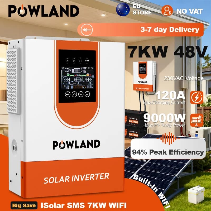 Inversor Solar Híbrido POWLAND 9000VA 48VDC 7000W MPPT 120A Entrada PV 60-500VDC Onda Senoidal Pura com Suporte WIFI BMS