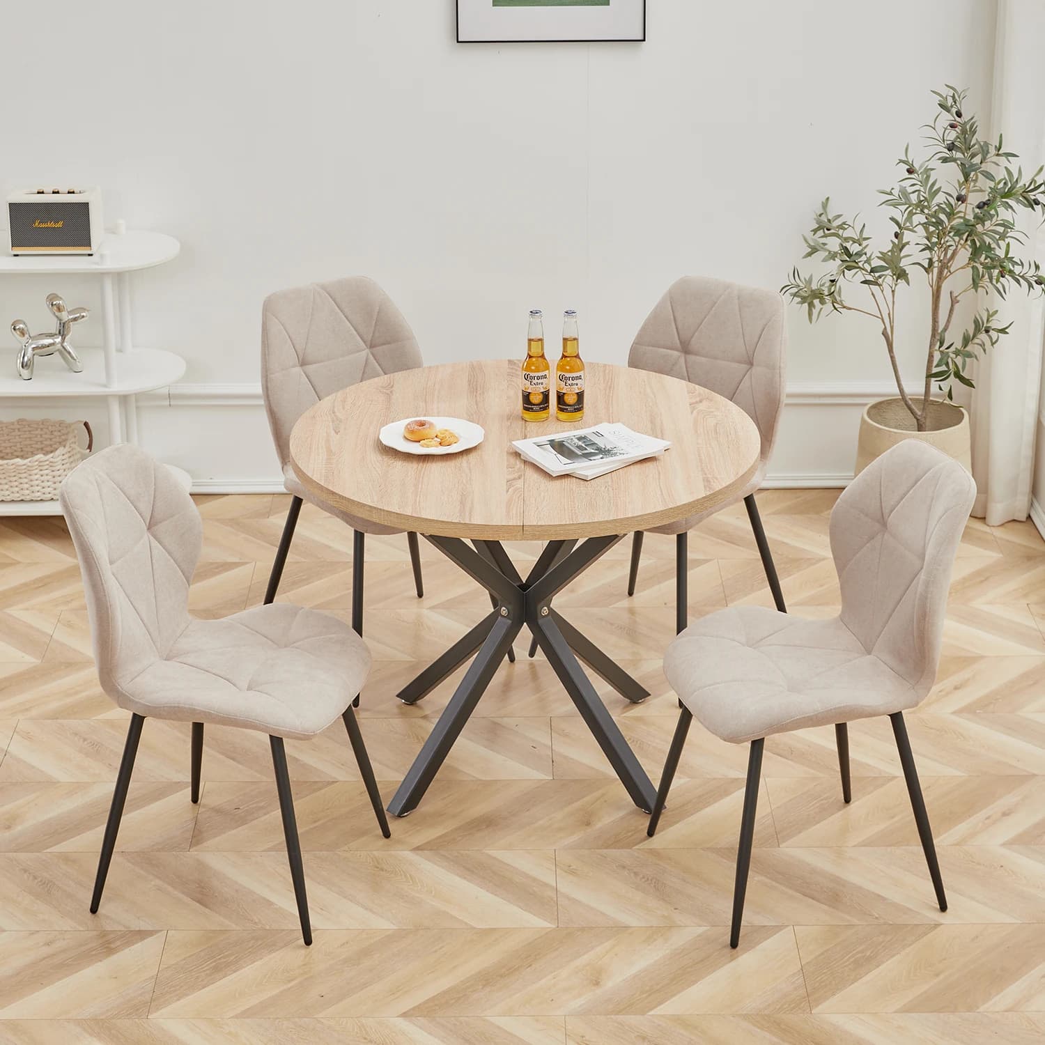Cadeiras de jantar de 4 peças + mesa de jantar redonda, conjunto de mesa de jantar redonda moderna com cadeiras estofadas, para uso em família e