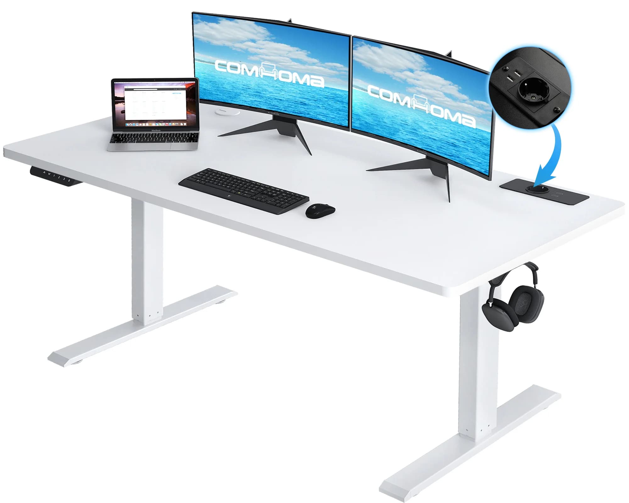 Mesa de escritório COMHOMA com altura ajustável, entrada USB e gancho, mesa de computador com ajuste elétrico, mesa para sentar ou se sentar na