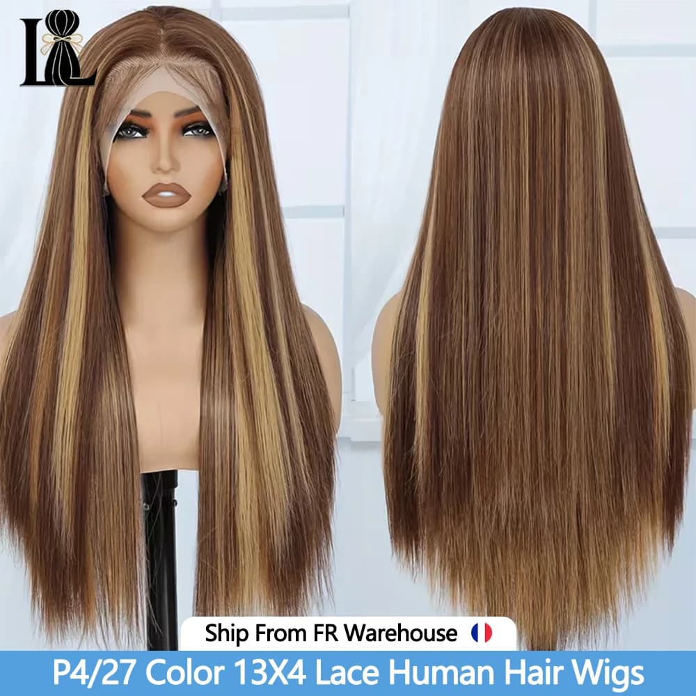 Peruca de Cabelo Humano Liso de 28-30 Polegadas com Destaques 13x4, Peruca Frontal de Renda Ombre Loiro Mel para Mulheres, Cabelo Humano Remy