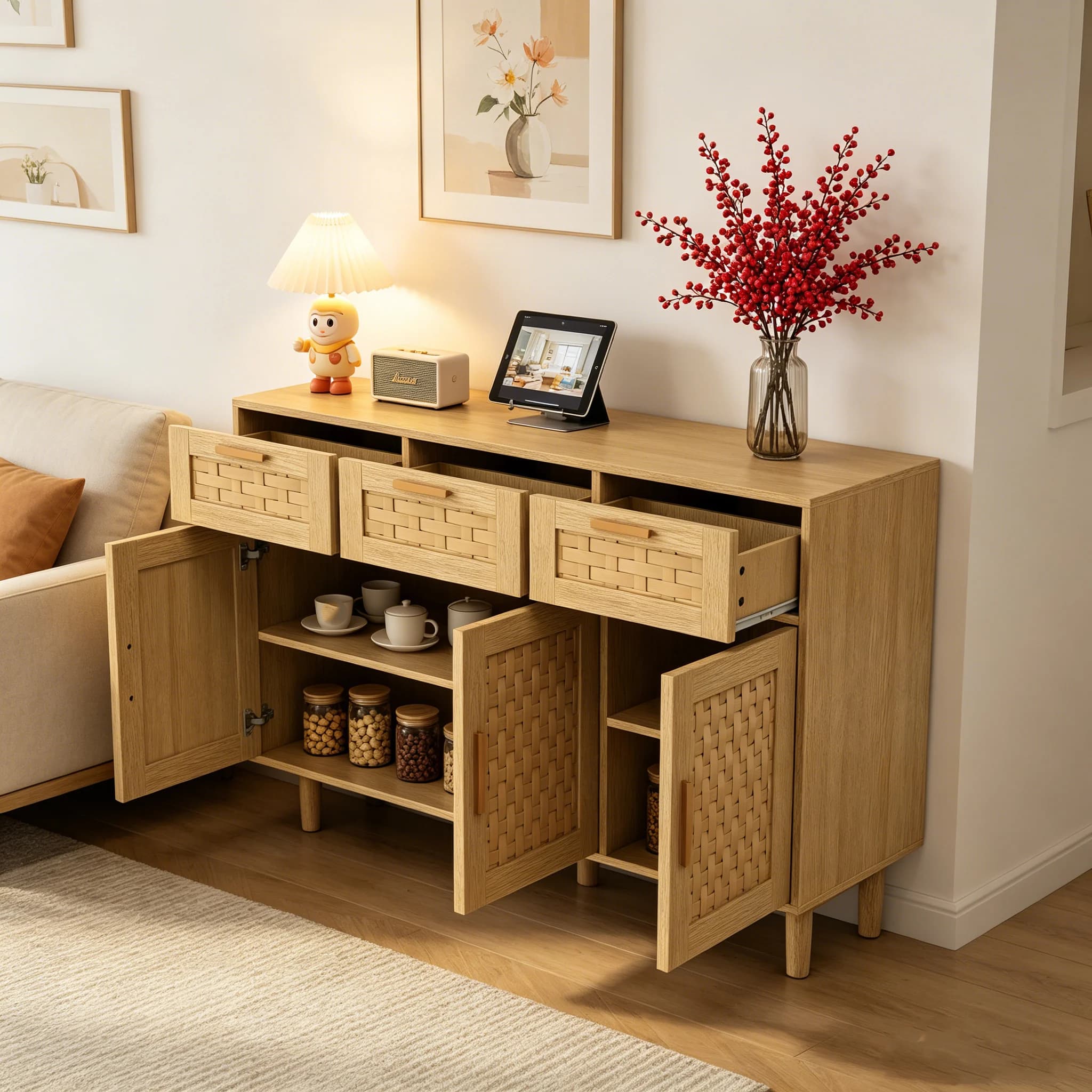 Superaly 108x40x80cm Cômoda de Rattan com 3 Portas e 3 Gavetas, Móvel de Armazenamento em PVC, Aparador de Madeira, Armário de Cozinha para Sala de