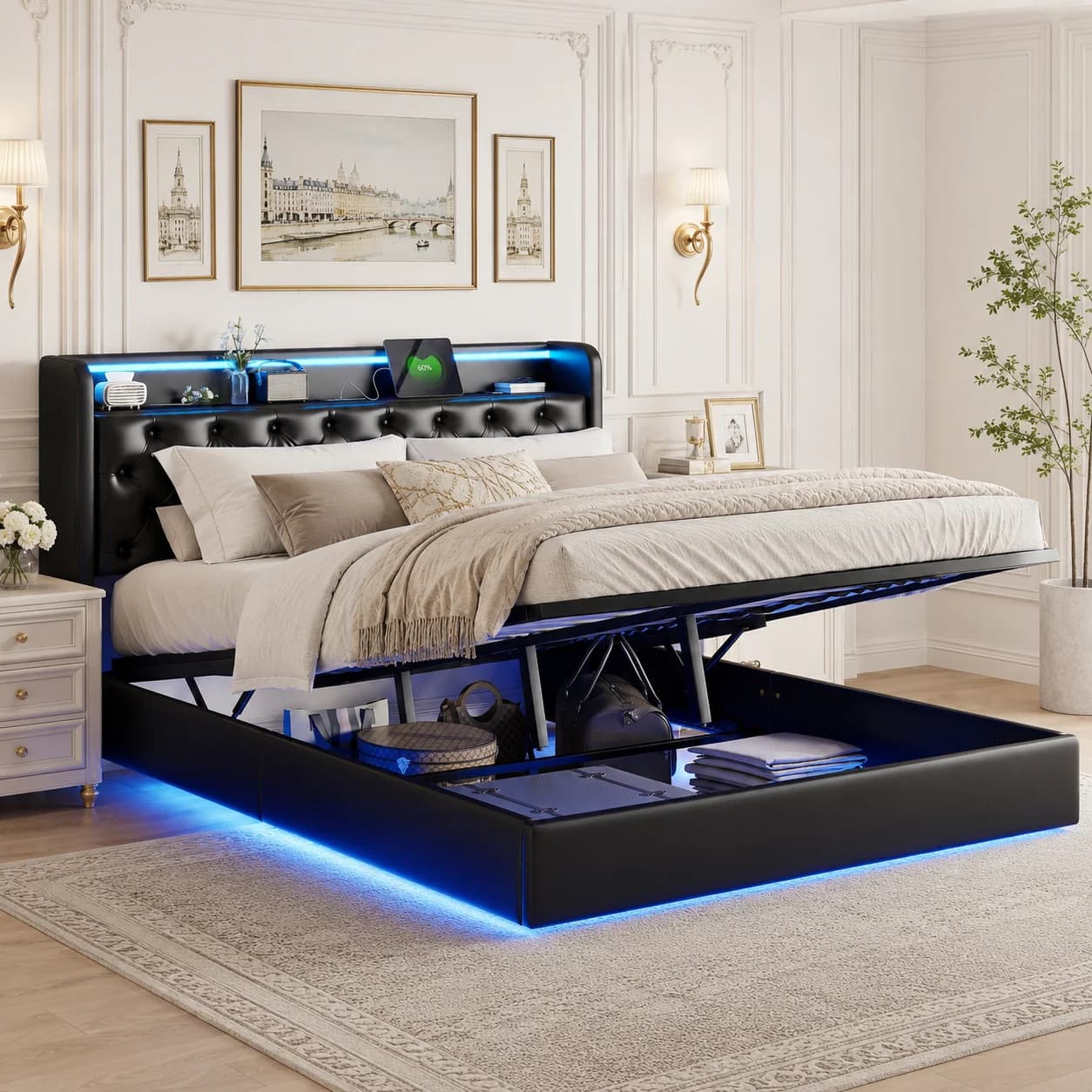 Cama com espaço de armazenamento 140x200cm, cama flutuante estofada, cama de casal, estrutura de cama hidráulica em PU preto com caixa de