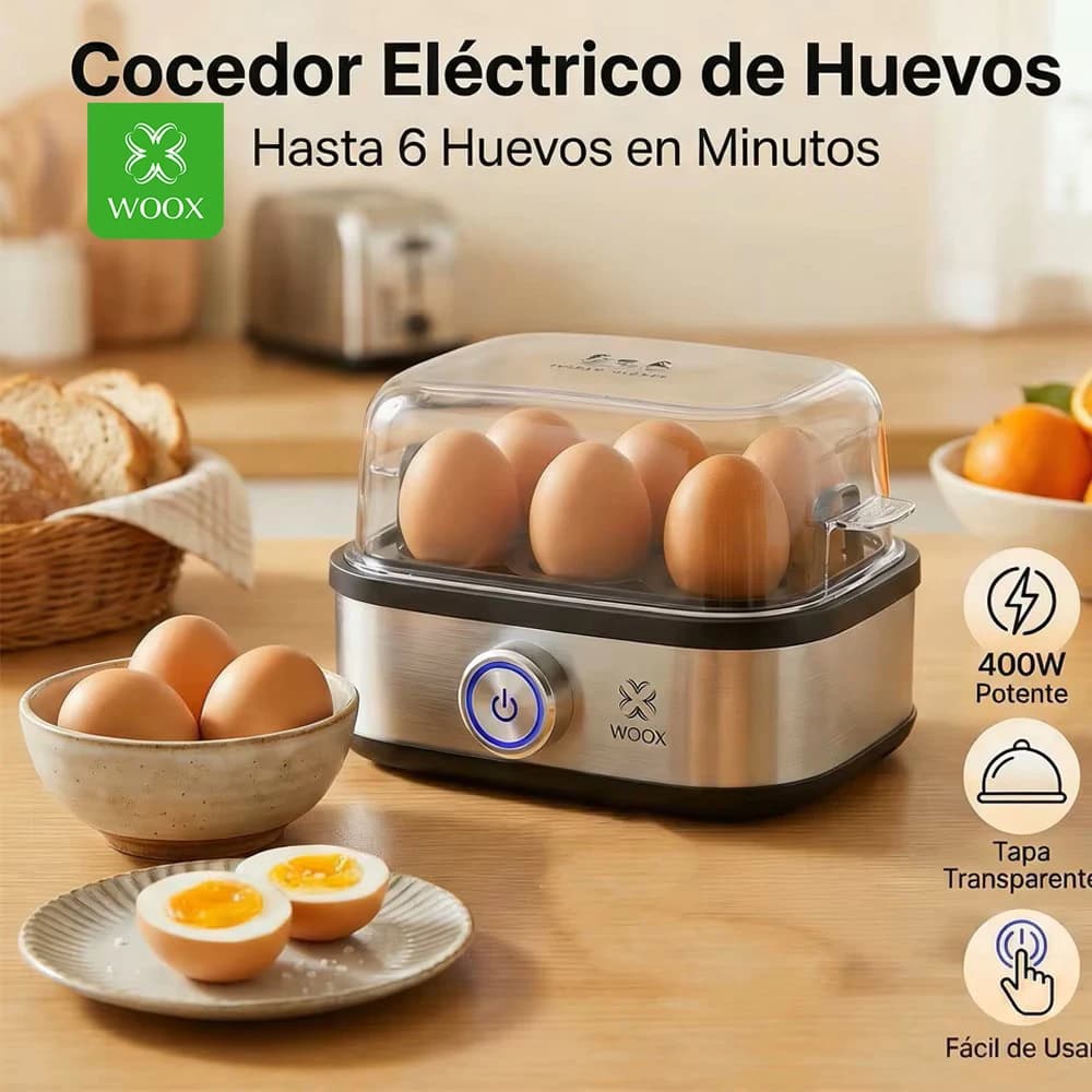 Panela Elétrica para Cozinhar Ovos Woox 400W, Capacidade para 6 Ovos, com Desligamento Automático, Vaporizador e Cozedor de Ovos em Aço Inoxidável