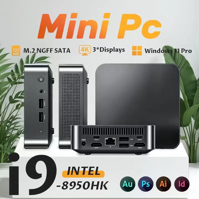 Mini PC Compacto para Jogos com Windows 11, Intel Core I9-8950HK, 16GB de Memória, SSD de 1TB/2TB, Tela 4K