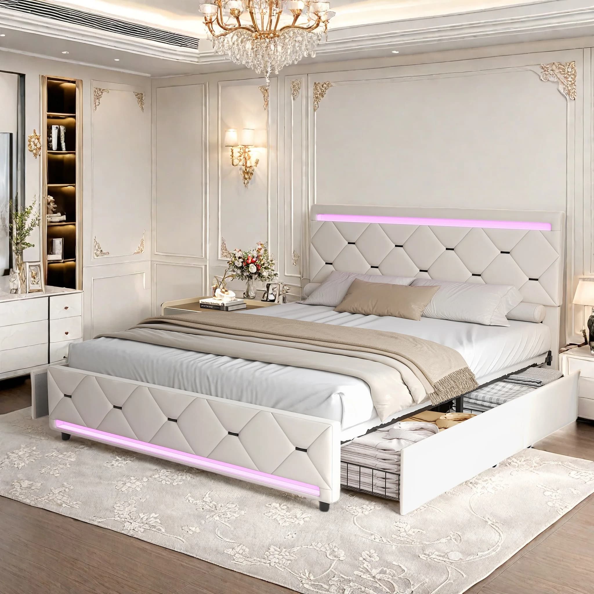 Comanlai, Cama de Casal 160×200 cm, Cama com Gavetas, Cama para Quarto Principal, Cama Estofada com 4 Gavetas de Metal, Branco Off-White, Veludo,