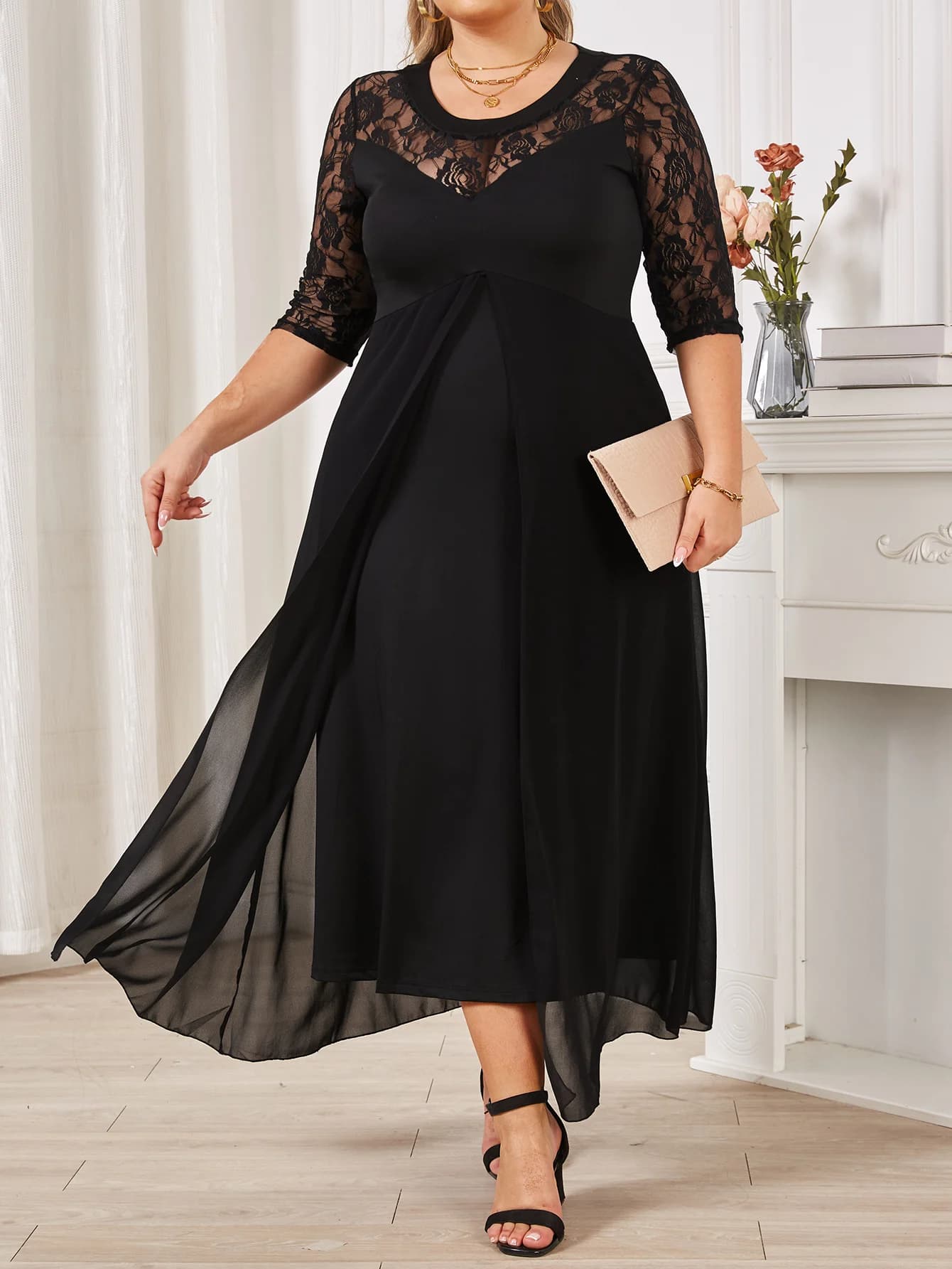 Verão preto vestido longo feminino rendas retalhos ver através sexy elegante e bonito vestidos femininos plus size roupas femininas