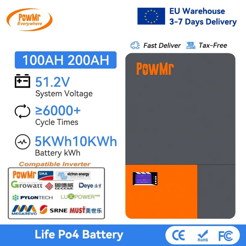 Powmr 51.2v 100ah 200ah lifepo4 bateria de lítio 5kwh 10kwh powerwall energia baterias solares com pode rs485 16s bms 6000 + ciclo