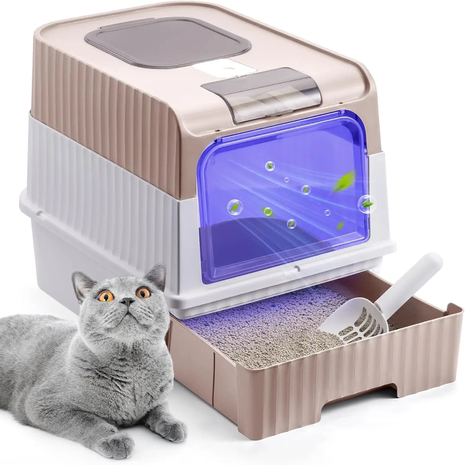 Bandeja de areia, função de esterilização e desodorização UV, fácil de limpar, para gato até 15KG, rosa/preto/cinza