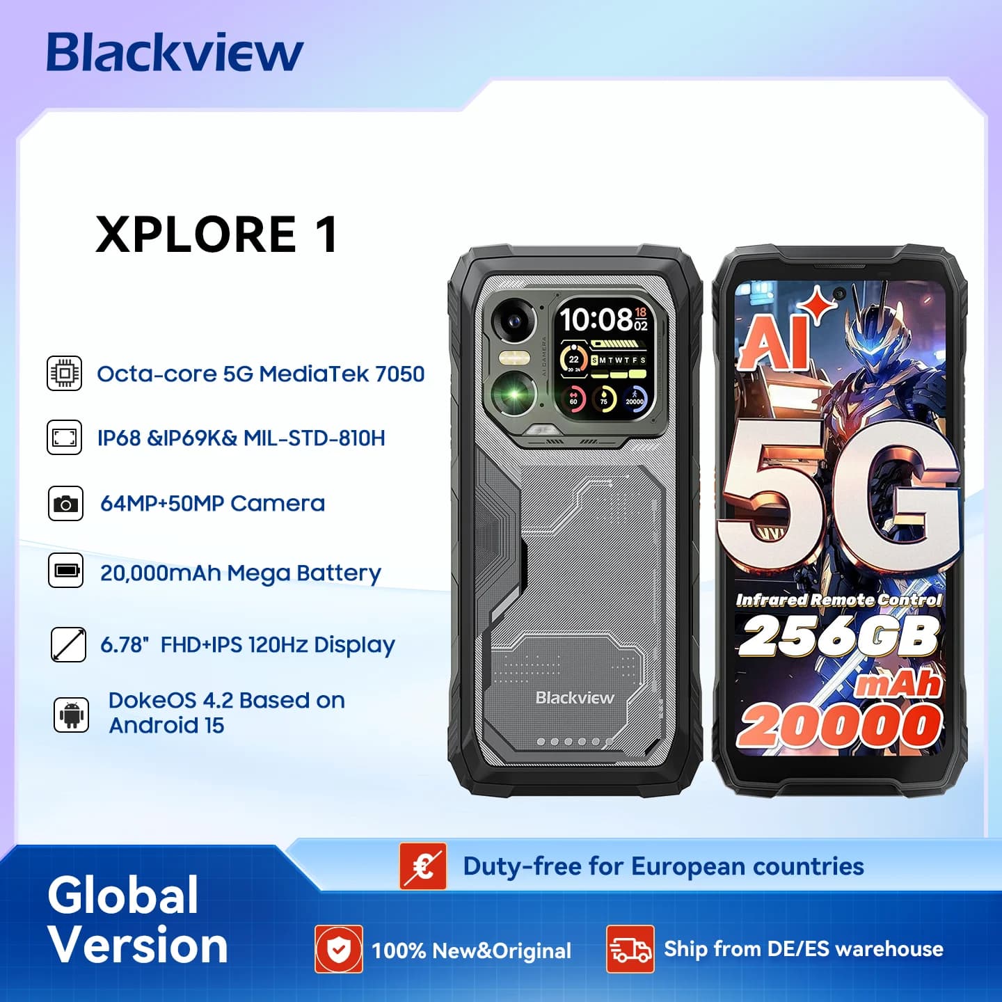 Smartphone robusto Blackview XPLORE 1, smartphone externo à prova d'água 5G Android 15, tela 6,78 '' 2,4K, 256 GB/512 GB, 20000 mAh