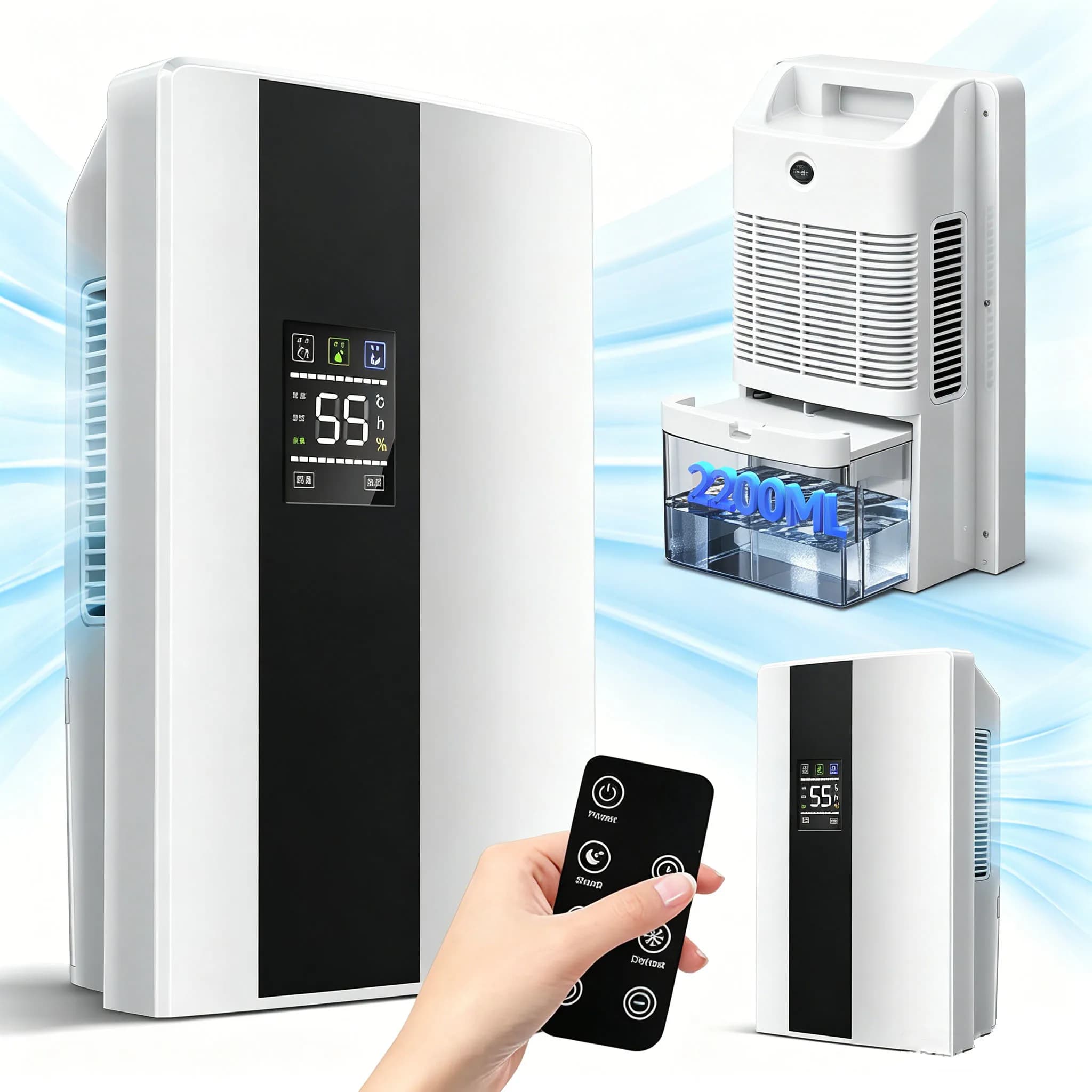 Desumidificador e Purificador de Ar Portátil 2 em 1 com Display Touch, Controle de Desumidificação Rápida, Uso Doméstico, para Ambientes, Pisos e
