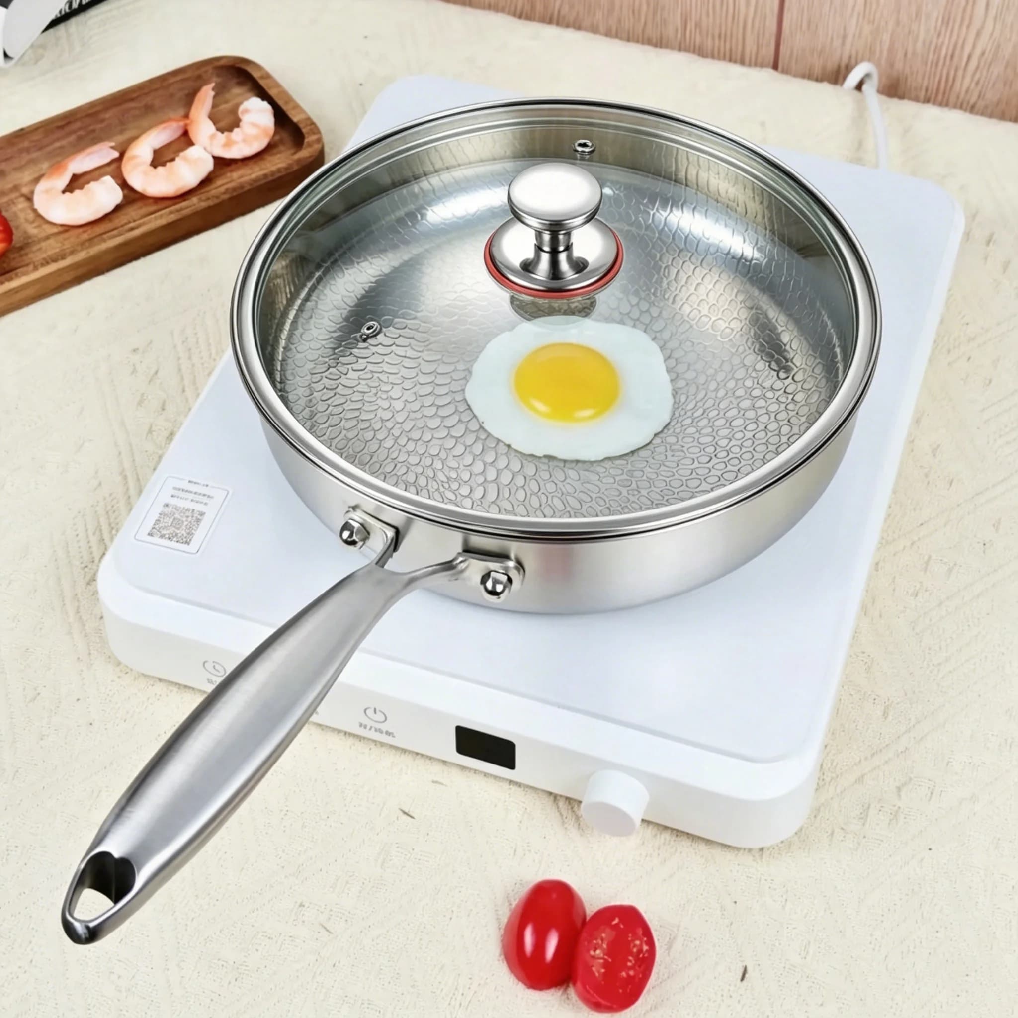 Panela Wok Antiaderente de Titânio e Aço Inoxidável 26/30cm para Fritar Ovos e Bifes, Compatível com Fogão de Indução e a Gás, Utensílio de