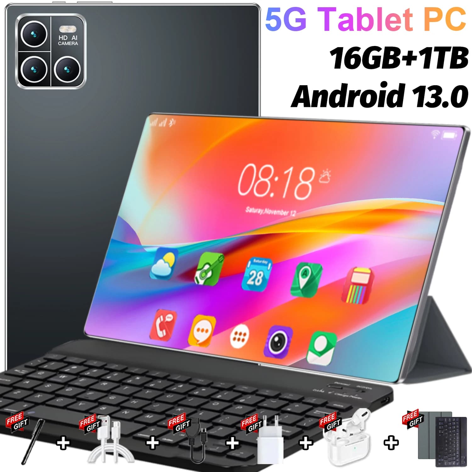 Tablet Android 2026 de 10,36 Polegadas, 16GB RAM, 1TB ROM, Câmeras de 16MP e 32MP, Android 13.0, Bateria de 20000mAh, 14 Núcleos, 5G, Dual SIM,