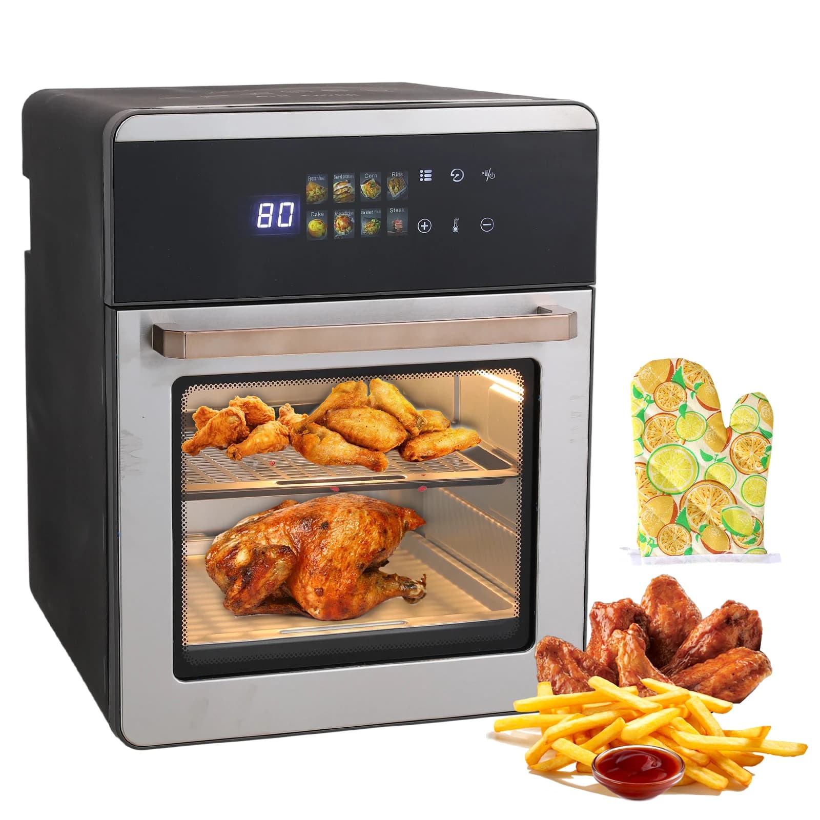 Forno Fritadeira de Ar 16L, 1800W com 360 °   Circulação de ar quente, tela sensível ao toque digital para cozinhar sem óleo, tamanho familiar