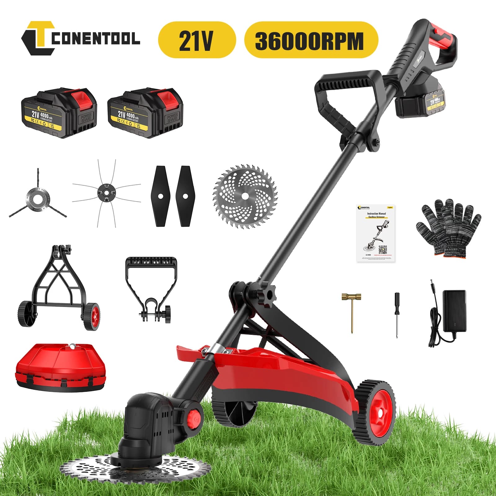 Cortador de Grama Elétrico Sem Fio CONENTOOL de 10 Polegadas com Roda e 2 Baterias de 4000mAh para Bateria Makita 18V