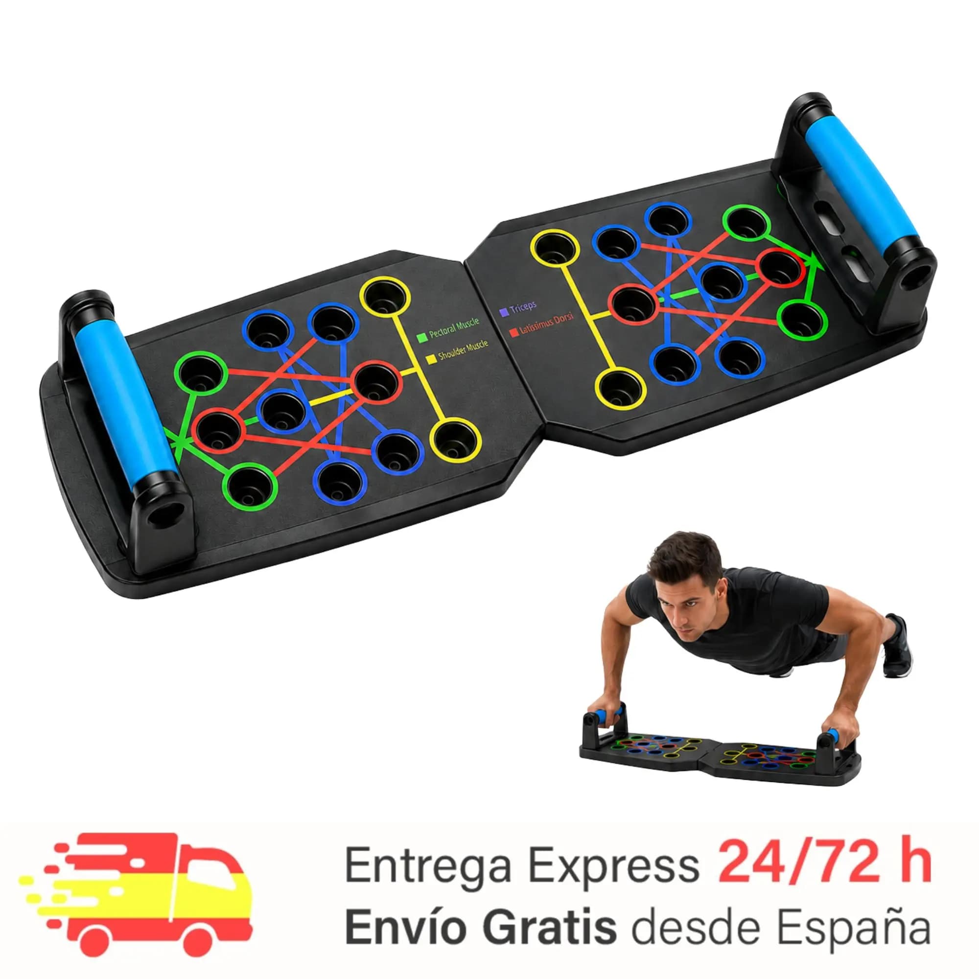 Placa Multifuncional para Flexões com Alças Ergonômicas e Guias Codificadas por Grupo Muscular para Peito, Ombros, Tríceps e Costas, Portátil e