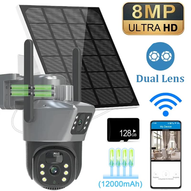 Câmera Solar WiFi 4K 8MP com Lente Dupla e Tela Dupla, Câmera PTZ Sem Fio para Proteção e Vigilância com Rastreamento Automático