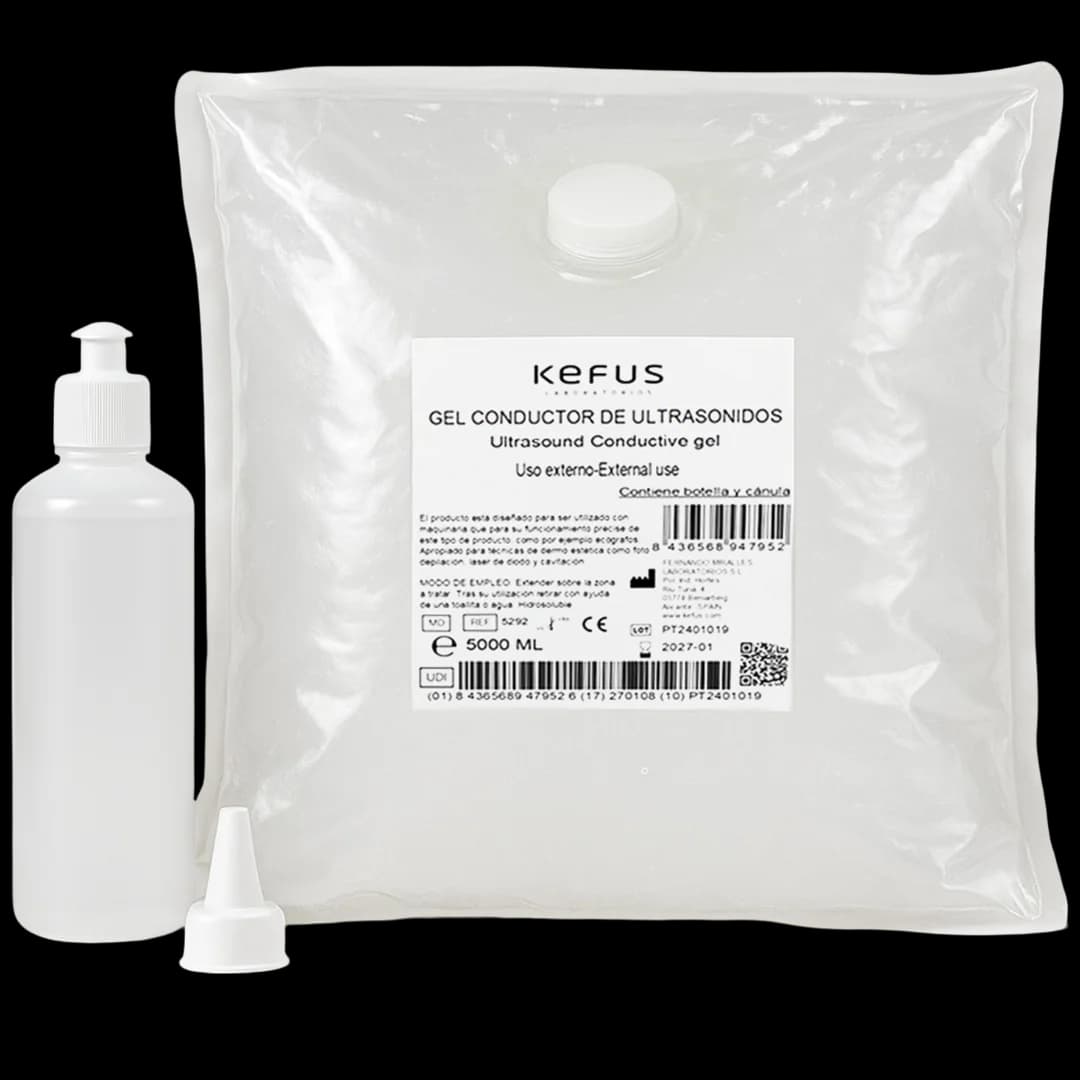 Kefus Gel Condutor Ultrassônico Saco 5000 ml + Frasco Recarregável 250 ml |     Gel Sanitário para Ultrassom, Cavitação, Radiofrequência, Ipl e