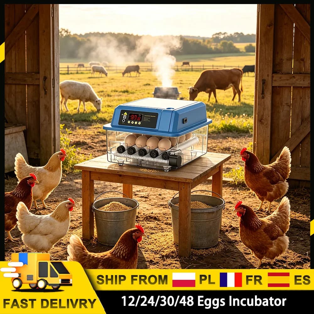 Incubadora Automática de Ovos 12/15/24/30/48 para Aves de Criação, com Viragem Automática de Ovos, Controle de Temperatura, Adição de Água,