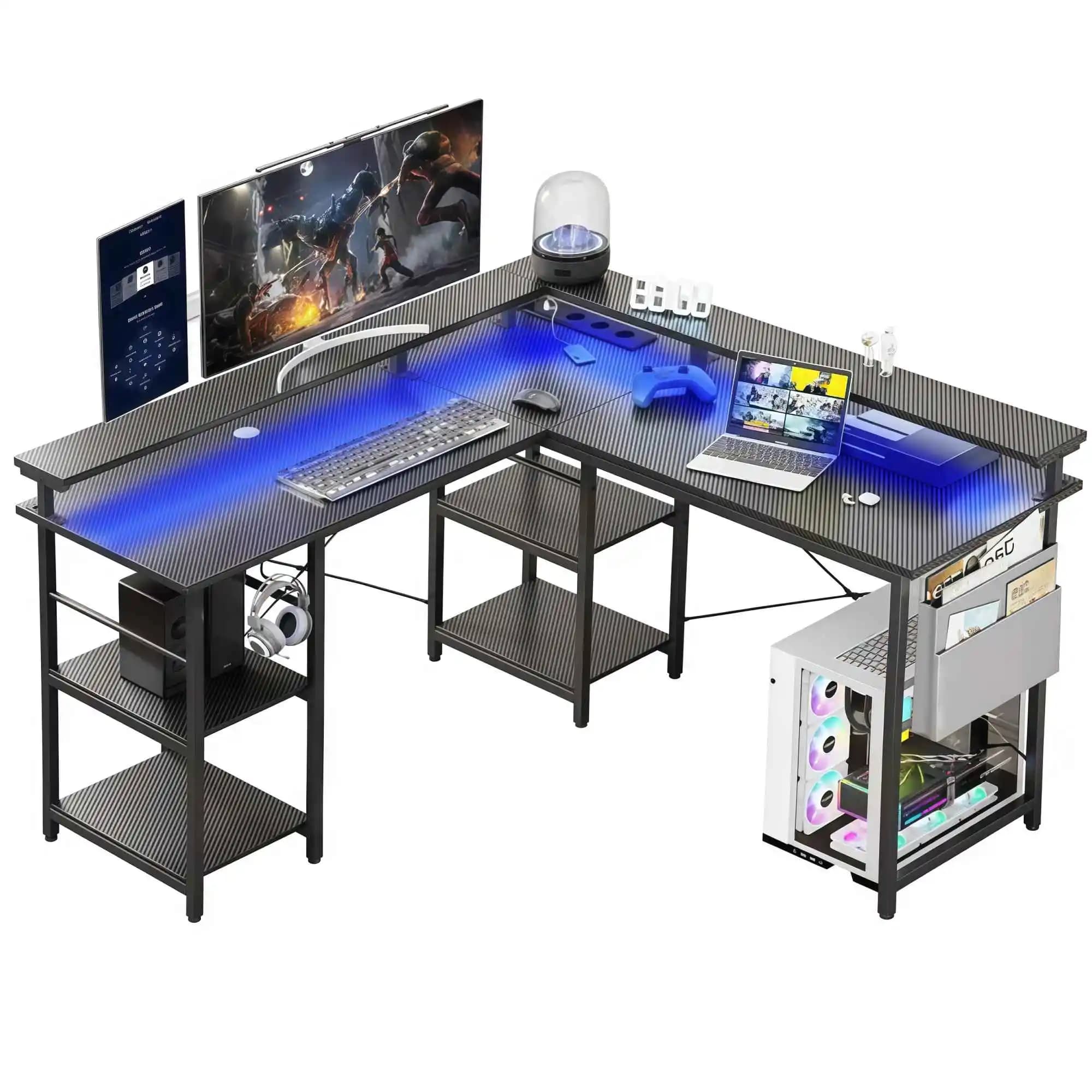 Mesa de jogos em forma de L, iluminação LED RGB, tomadas integradas, 4 prateleiras ajustáveis, design moderno, para jogos, preta