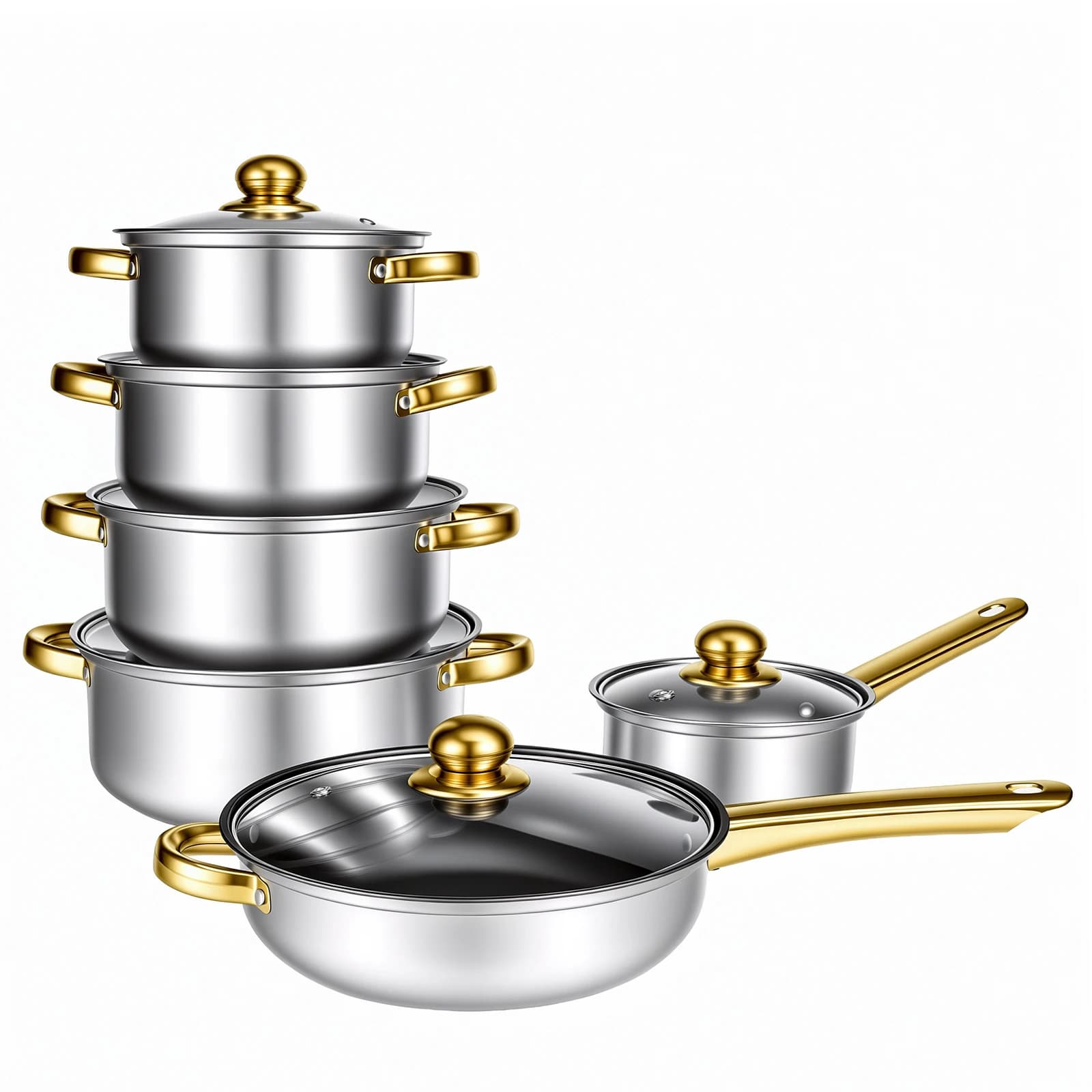 Conjunto de Utensílios de Cozinha em Aço Inoxidável com 6 Peças, Panelas e Frigideiras Antiaderentes, Panela de Sopa, Caçarola, Compatível com