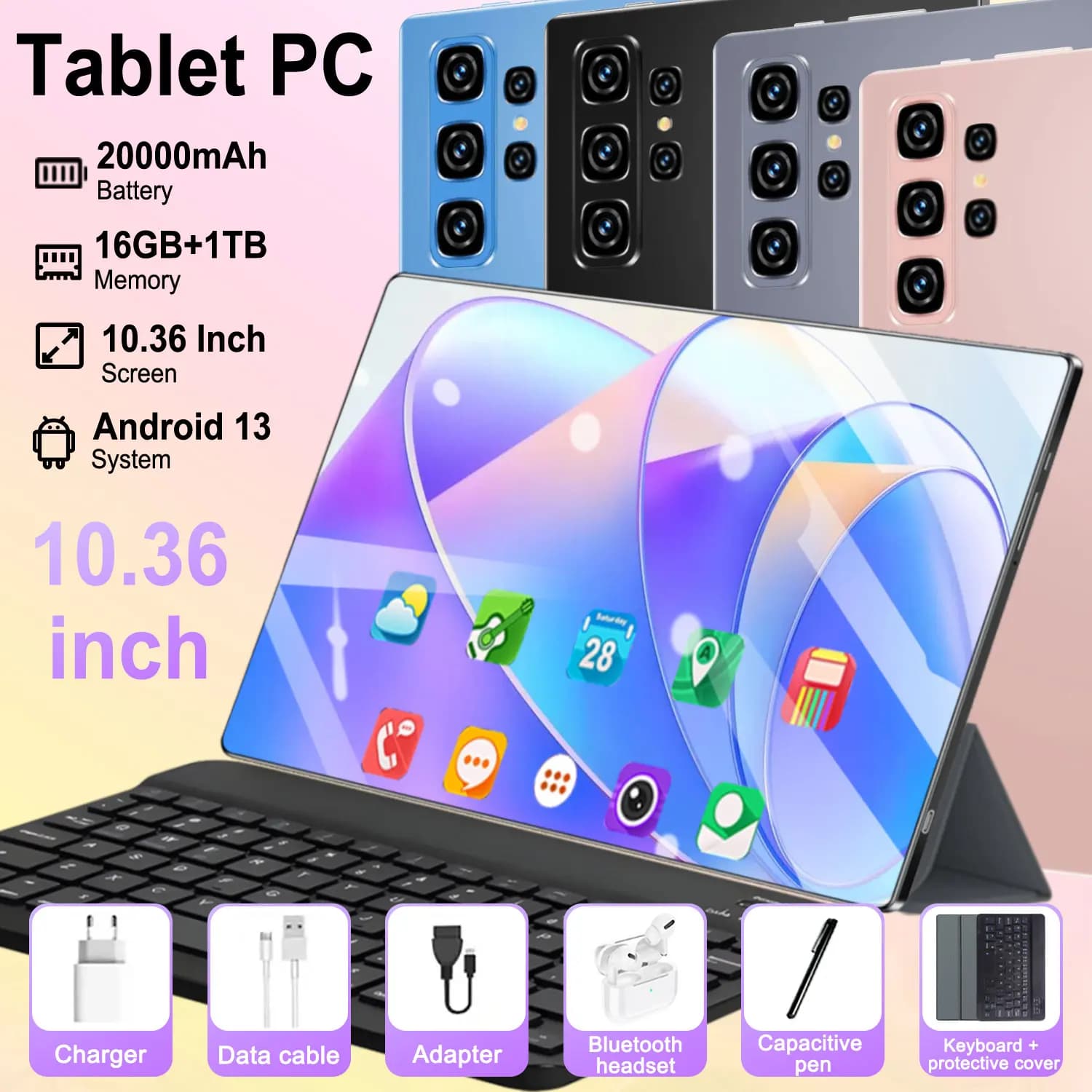 Tablet Android 5G 2026 Novo 10.36 polegadas 16GB RAM 1TB ROM 20000mAh 14 núcleos Android 13.0 WIFI Bluetooth Chamada Telefônica Versão Global
