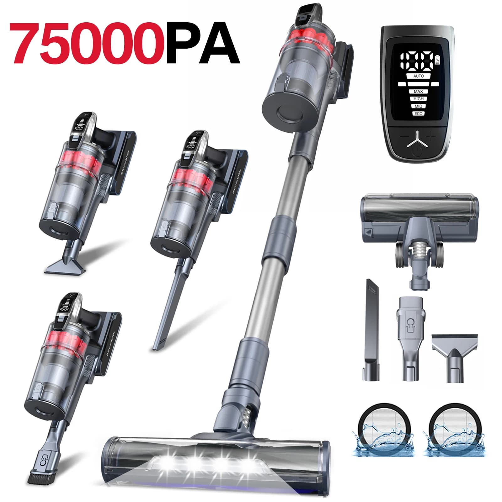Aspirador de Pó Sem Fio Grenintol, 500W/75KPa, 60 Min, Filtros Laváveis, 6 Estágios de Alta Eficiência, Para Casa/Cozinha/Carro/Pelo de Animais