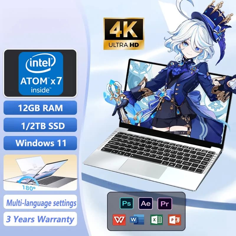 Computador Portátil de 14.1" com Windows 11, Intel Atom x7 A3950, Notebook Gamer, 12GB de RAM, 512GB e 1TB SSD, 1920*1080, Computador para