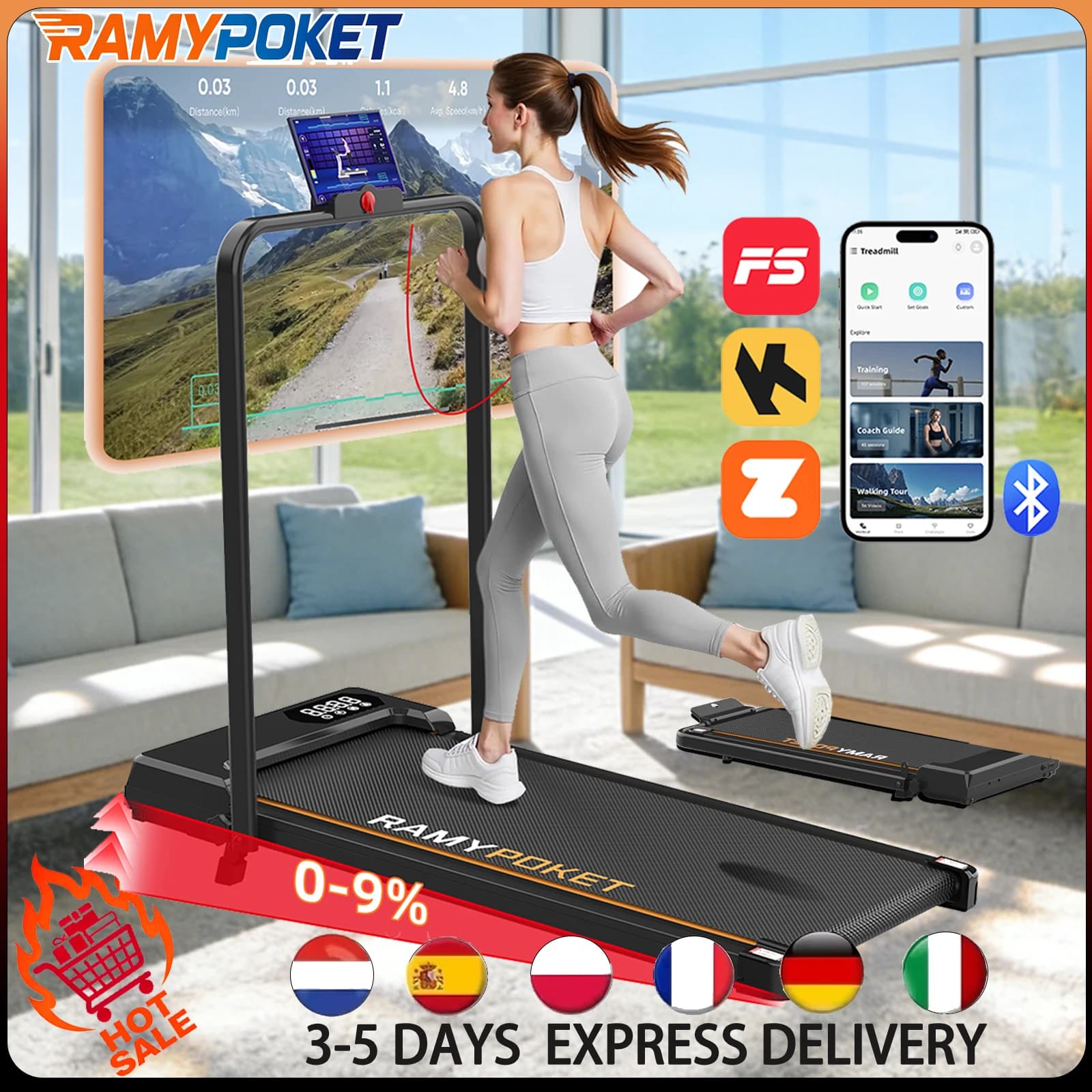 Ramypoket esteira elétrica dobrável inclinação 9% APP 1-10km/h velocidade 2.5hp motor silencioso 330lbs carga máxima almofada de caminhada para