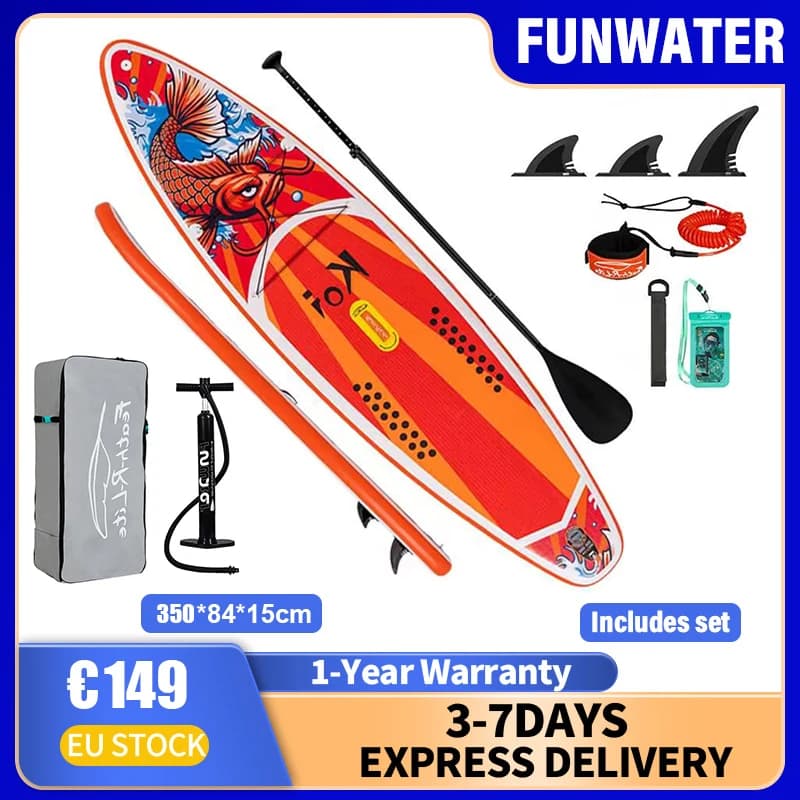 Prancha Inflável Funwater Estável e Impermeável 350X84X15Cm 180kg com Deck Antiderrapante e Equipamento de Remo Incluído para Todos os Níveis de