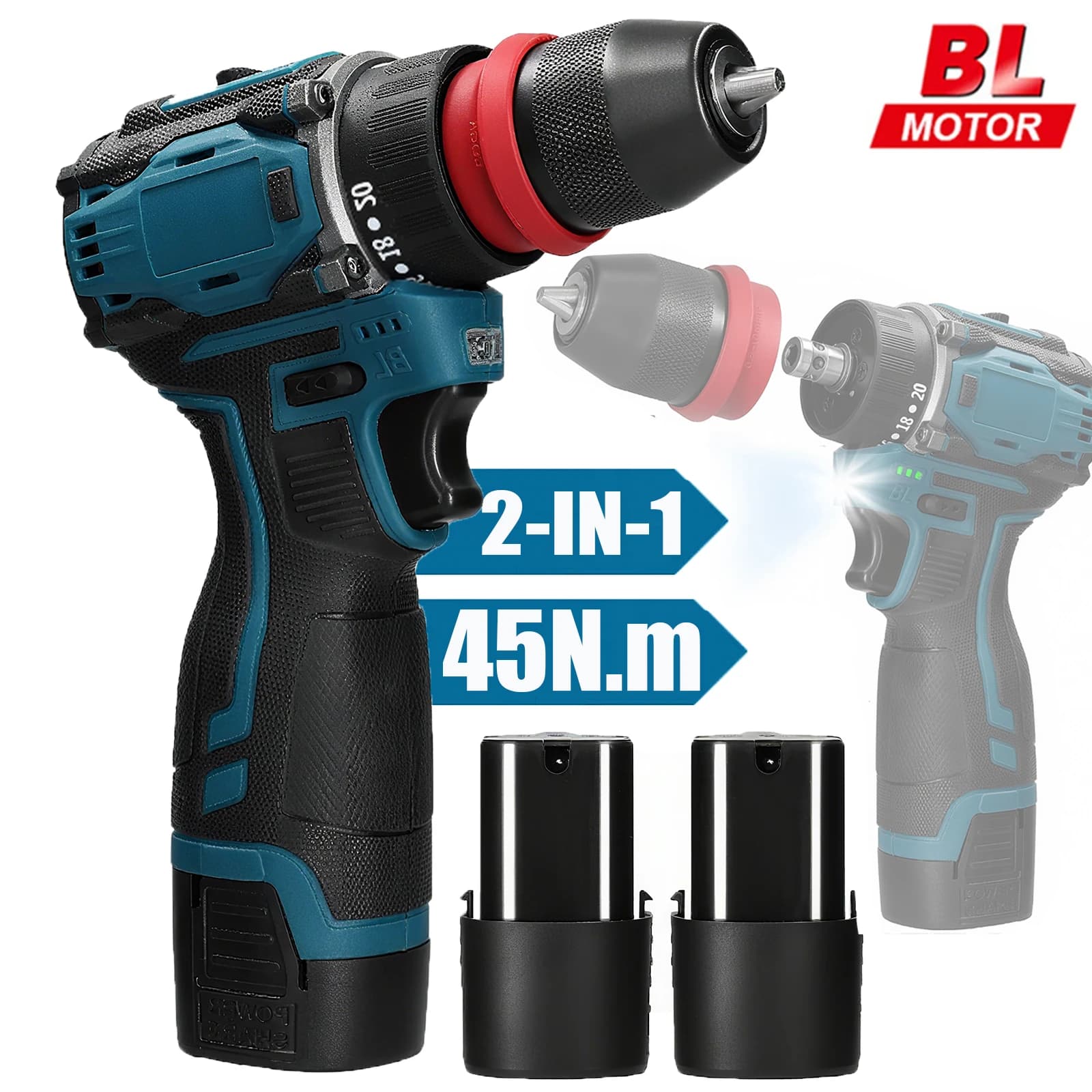 Chave de fenda elétrica sem escova 2 em 1, 55 \ 45nm de torque, regulação de velocidade sem fio, portátil, driver de lítio com 2 baterias