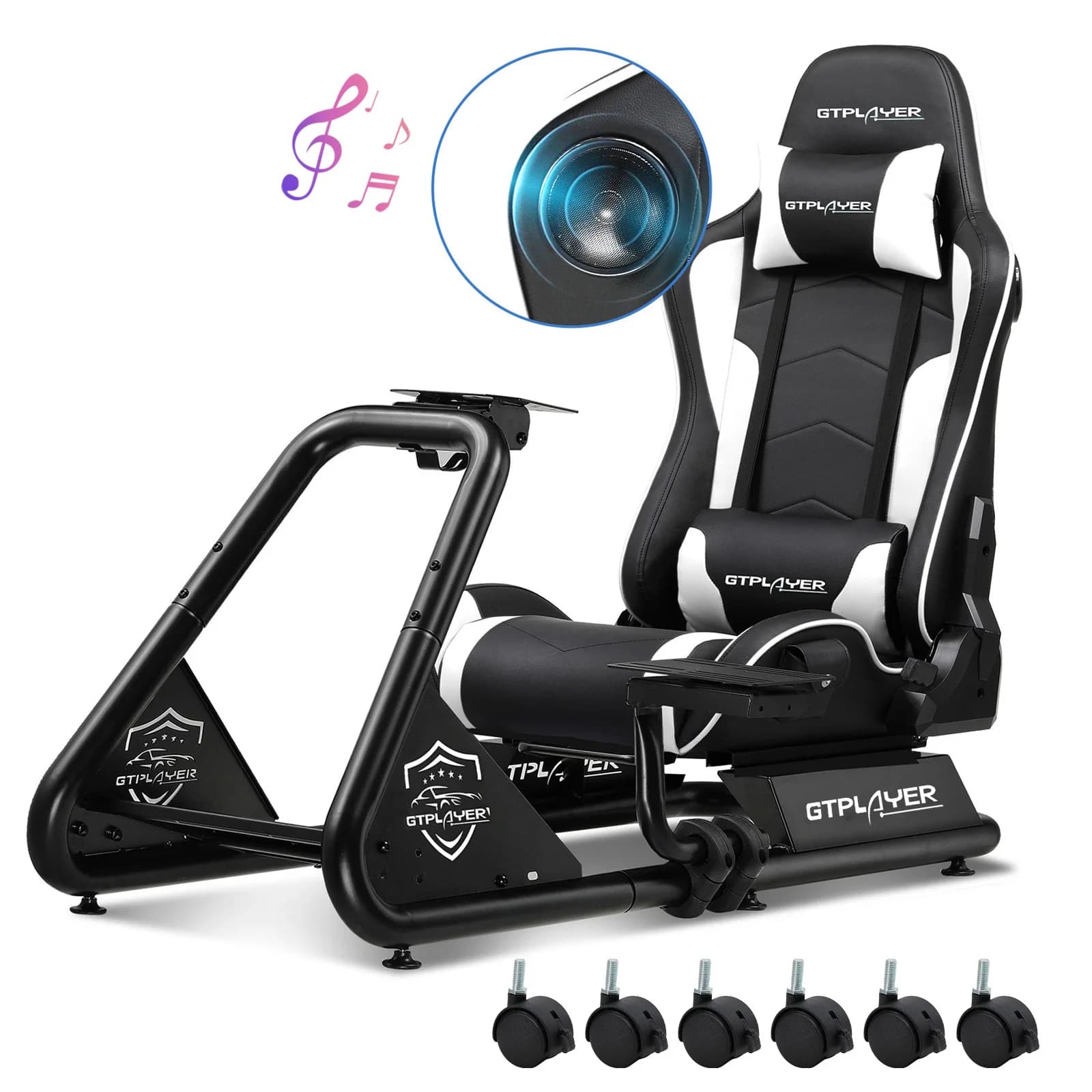 GTPLAYER Simulator Cockpit, Sim Racing Cockpit, suporte para volante de simulador de corrida com alto-falantes, volante e prateleira para pedais.