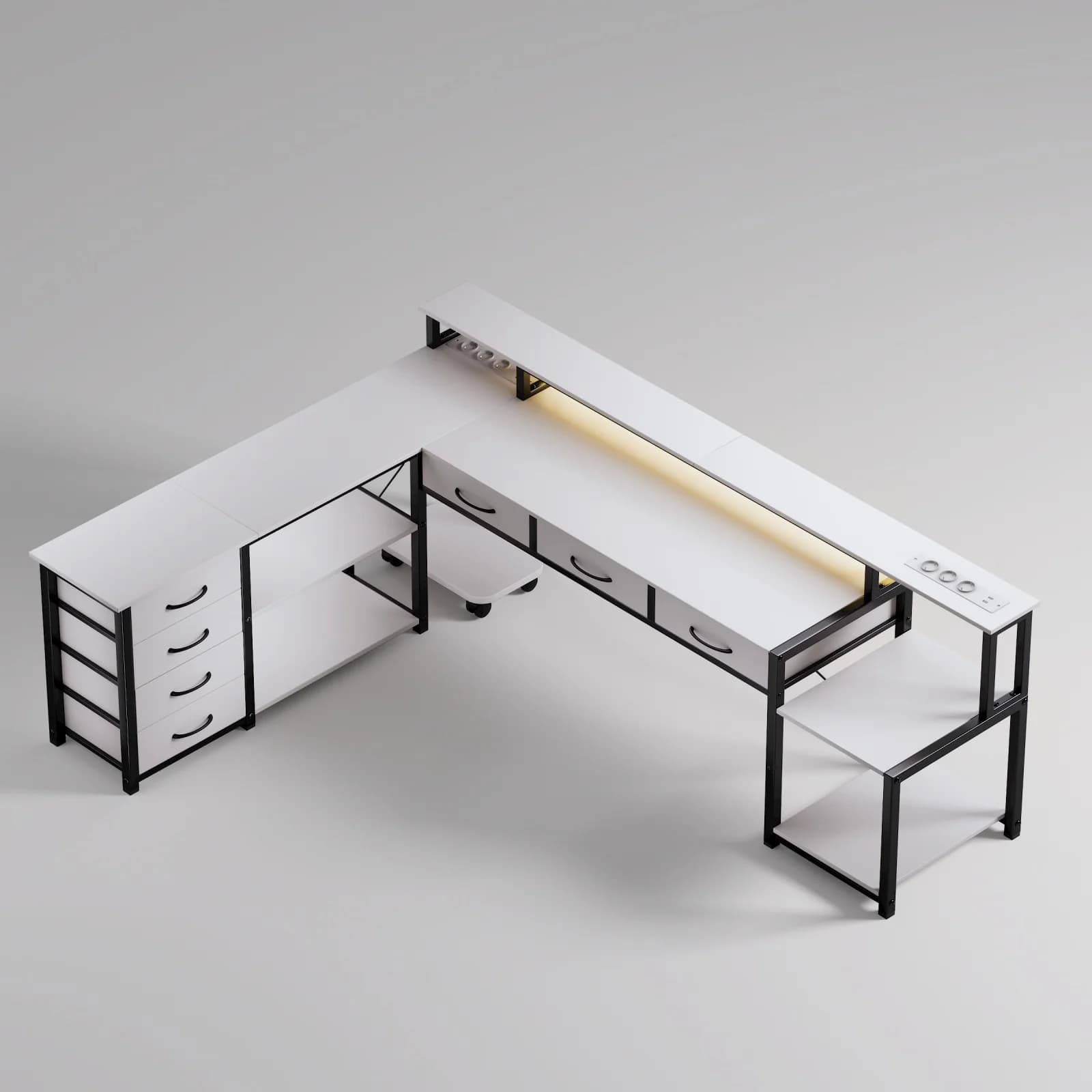 Mesa de computador em forma de L, design moderno, 7 gavetas, 4 prateleiras, tomadas integradas e portas USB, Branco