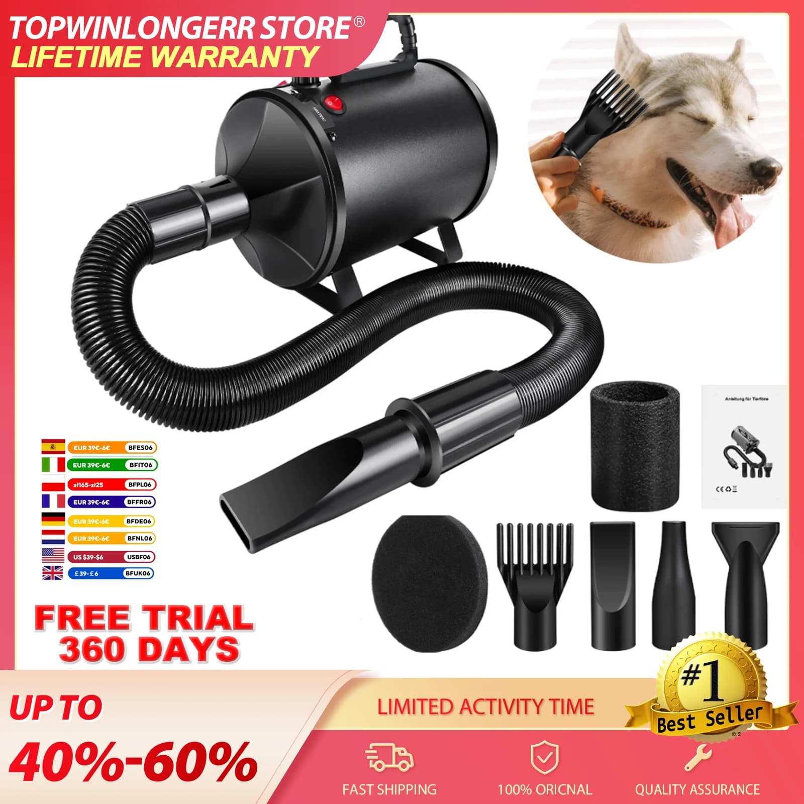 Secador de Cabelo Profissional para Cães 3500 W, Secador de Pelos para Animais de Estimação com Velocidade Ajustável e 4 Bicos, Secador para Cães