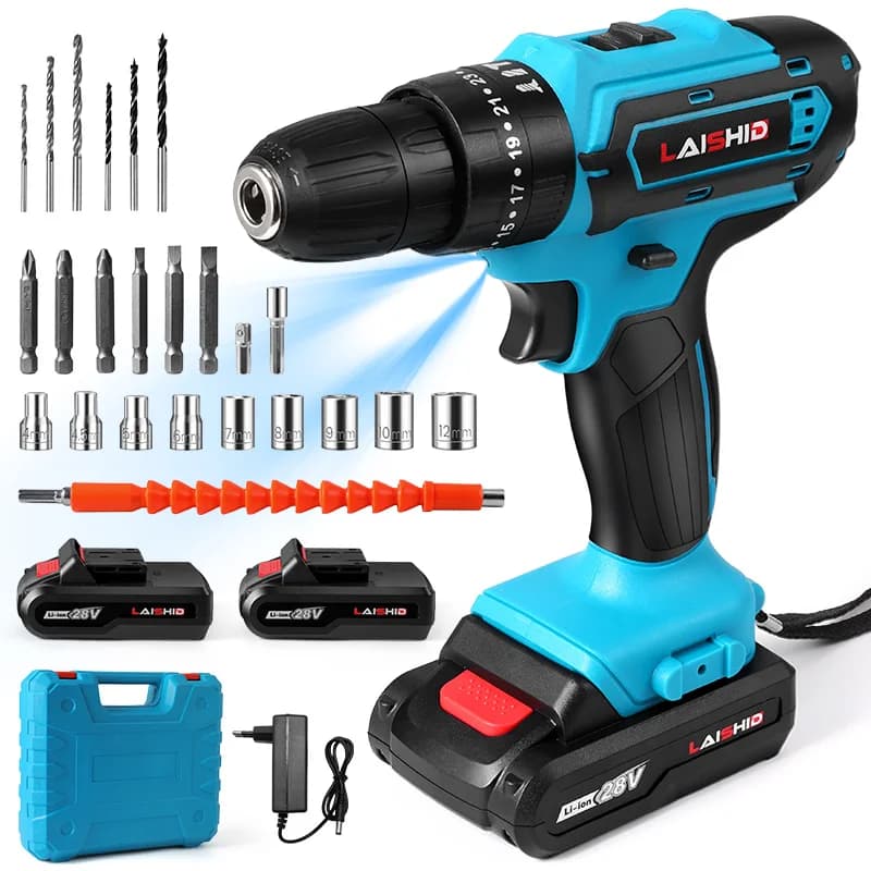 Conjunto de Furadeira Sem Fio 21V, Chave de Fenda Elétrica de Lítio com 2 Baterias, Carregador e 24 Acessórios, Velocidade Variável 0-350-1350rpm