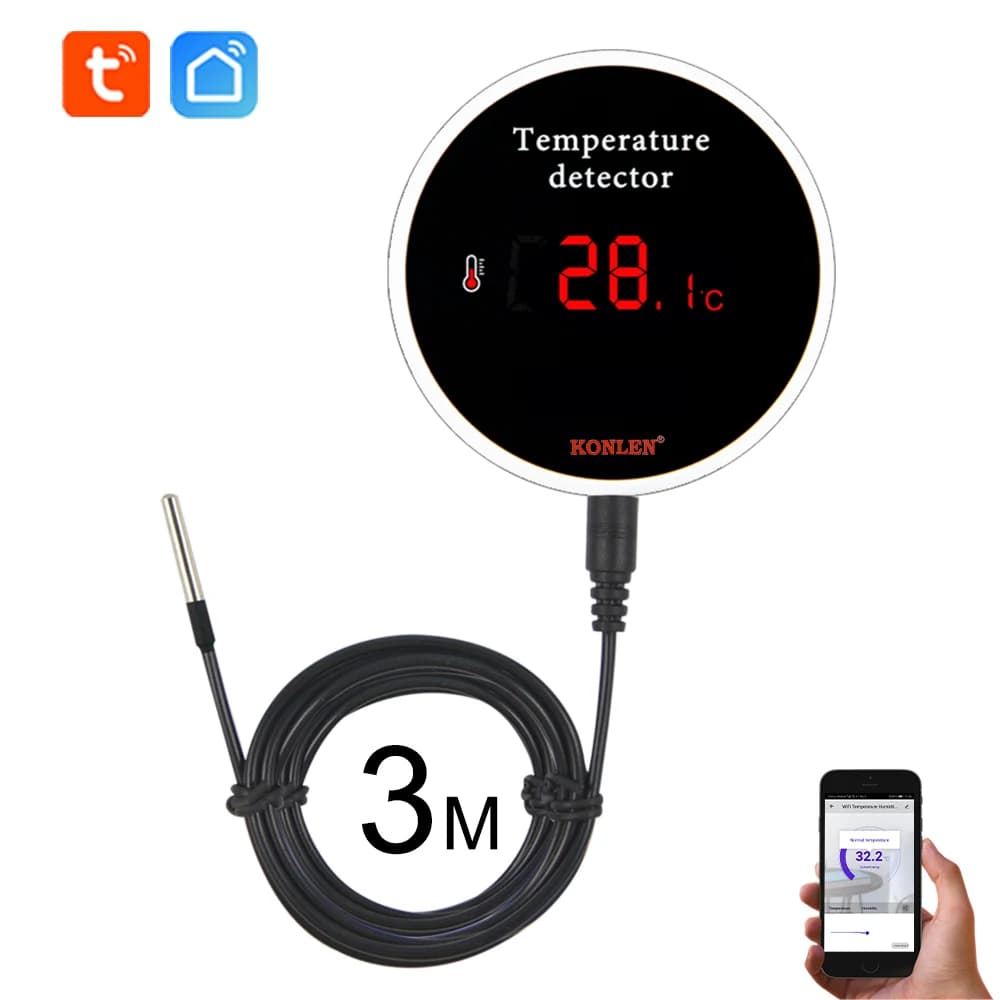 Konlen tuya wifi sensor de temperatura 3m fio sonda digital smartlife termômetro casa inteligente piscina água termostato alarme remoto