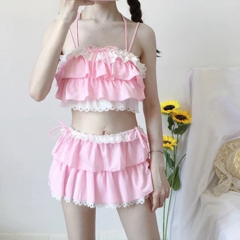 Conjuntos de biquíni estilo japonês kawaii feminino, sweet sexy swimwear feminino, chique, popular, cintura alta, verão, praia, magro, fêmea,
