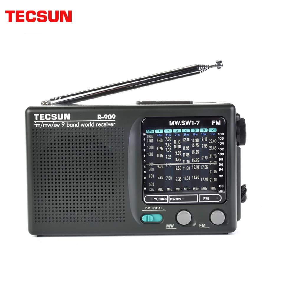 Tecsun R-909 AM FM SW Rádio portátil Recepção de 9 bandas Antena rotativa 360 Controle de sensibilidade DX local Conector de fone de ouvido duplo