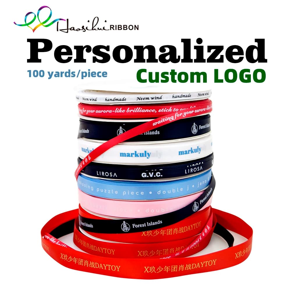 Haosihui fita plana impressa personalizada, 6mm-100mm, logotipo personalizado, fita de poliéster, casamento, aniversário, fitas de cetim 100