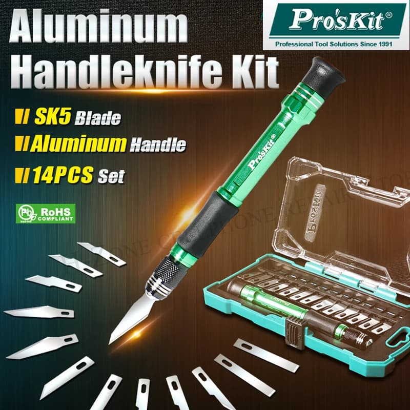 Pro'skit PD-398 conjunto de faca de escultura de arte artesanal 13 lâminas + 1 cabo de liga de alumínio modelo de reparo cortadores de bisturi para