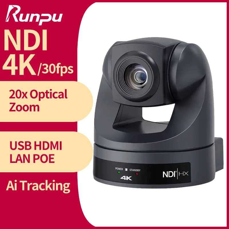 Câmera de Conferência Runpu 4K/30fps PTZ com Vídeo, Zoom 20X, Rastreamento por IA, Câmera PTZ NDI com USB, HDMI, LAN, POE para Educação,