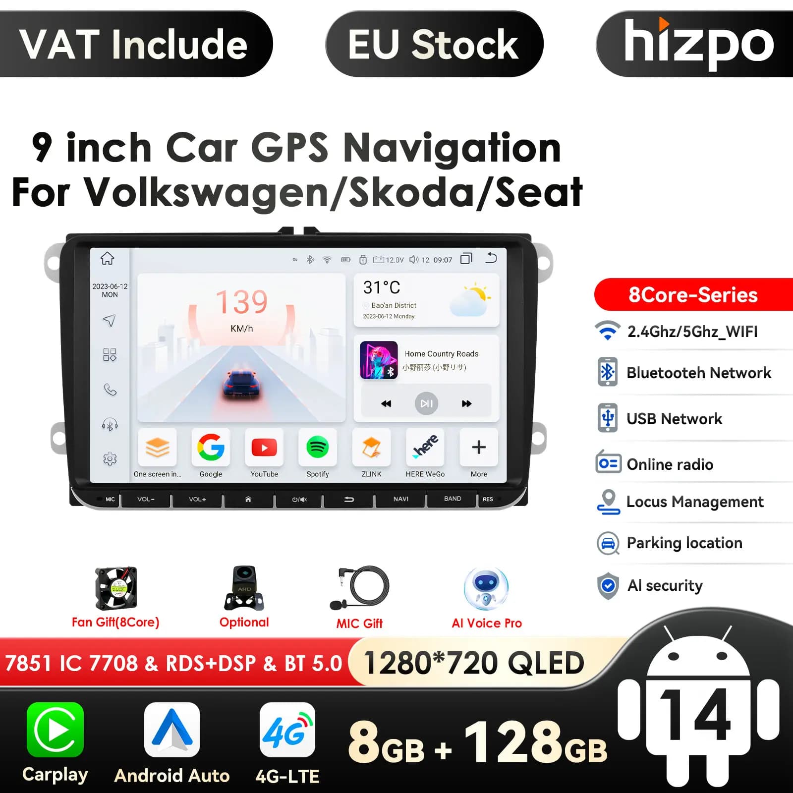 Rádio dos multimédios do carro de DSP com GPS, Auto Carplay do andróide, DAB, RDS, BT, VW Passat, B6, T5, B7, B8, Golf 5, 6, Caddy, POLO T5,