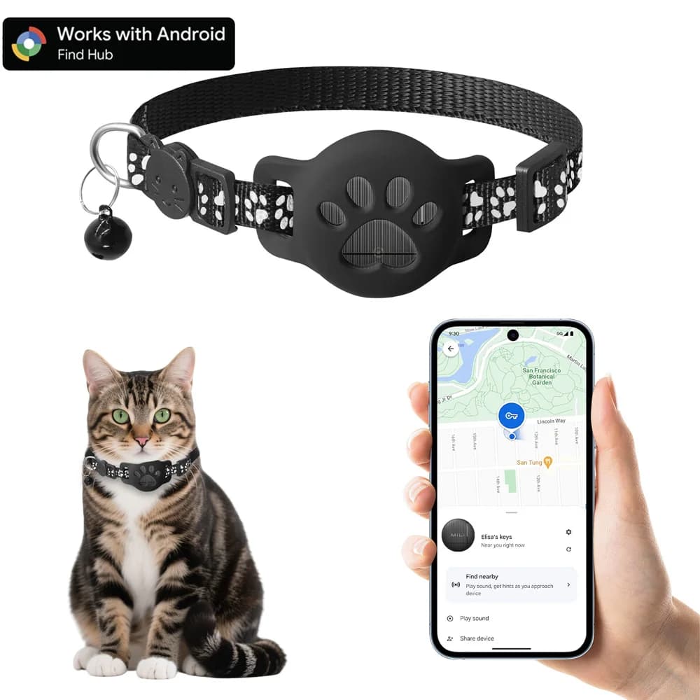 Etiqueta de rastreador Android MiLi com coleira de gato para localizador de animais de estimação |   Rastreador de gatos |   Compatível com o
