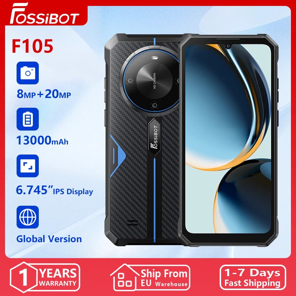 Telefone robusto FOSSiBOT F105 4GB + 64GB, tela HD+ IPS, bateria de 20mAh, câmera de 20MP, Android 14, reconhecimento facial, carregamento rápido