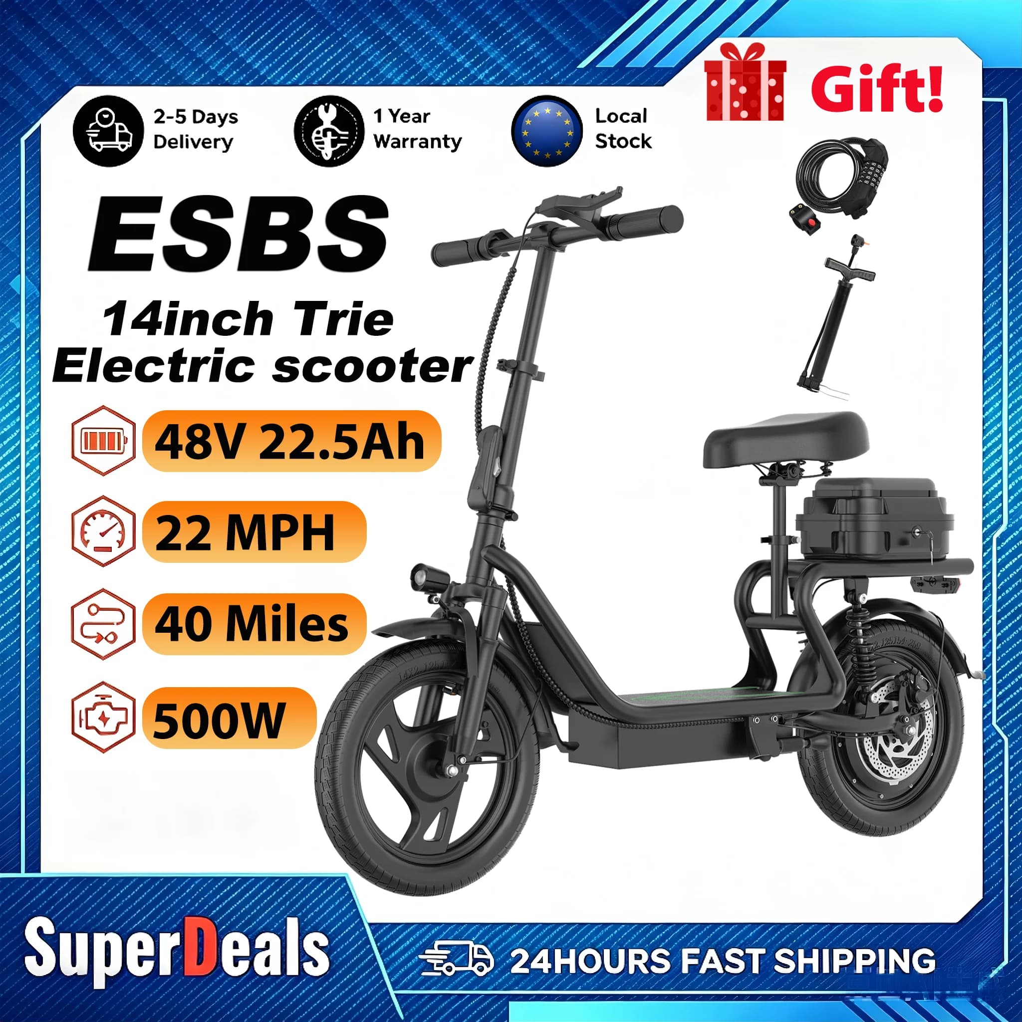 Scooter Elétrico 500W 48V 22.5Ah com Assento e Caixa de Armazenamento Traseira, Velocidade de 22MPH, 40 Milhas, E-Scooter Dobrável de 14 Polegadas