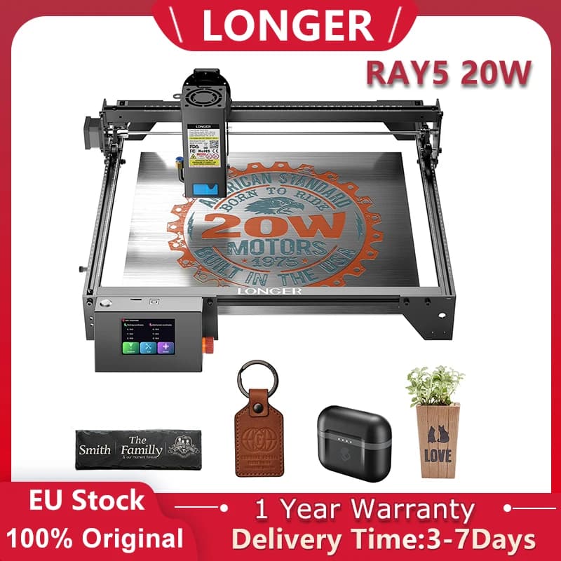 Gravador a Laser LONGER RAY5 20W com Precisão de 0.06x0.06mm, Tela Touch de 3.5 polegadas, Chipset de 32 bits, Suporte para Gravação Offline e WIFI