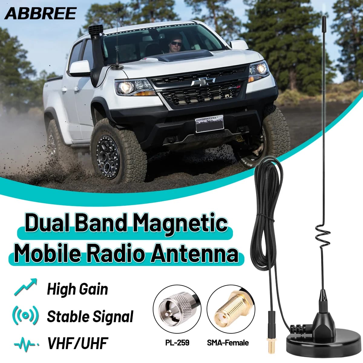 Abbree AD-109 antena de rádio móvel magnética banda dupla vhf uhf sma-fêmea/pl259 para baofeng walkie talkie UV-5RH BF-888S UV-32