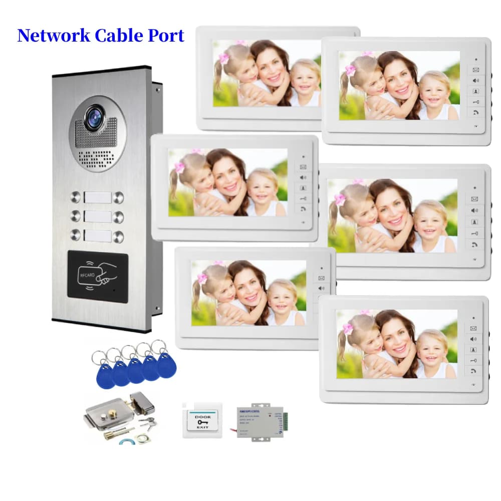 Sistema de telefone de porta de vídeo de construção de porta de cabo de rede RFID desbloqueio 2-6 unidades interfone de apartamento + kits de